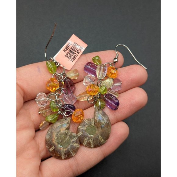 Ammonite Fossil Glass Gemstone Peridot Amethyst Bead Multicolor Cha Cha Earrings - Picture 4 of 7